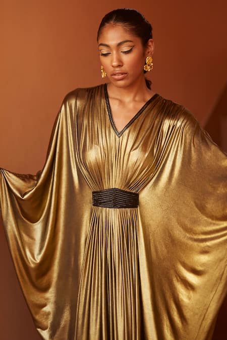 Shop_Dania Siddiqui_Gold Lycra Crystal, Glass Bead V Neck Cleopatra Front Embellished Draped Kaftan _Online_at_Aza_Fashions