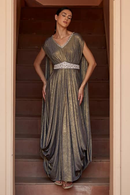 Dania Siddiqui Grey Lycra Embellished Glass Bead V Neck Isis Metallic Draped Gown 