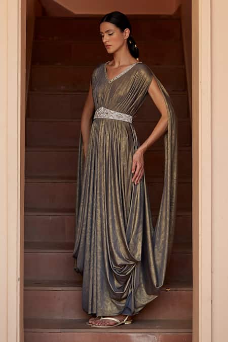 Dania Siddiqui Grey Lycra Crystal, Glass Bead V Neck Isis Metallic Draped Gown Online at Aza Fashions Dania Siddiqui_Grey Lycra Crystal, Glass Bead V Neck Isis Metallic Draped Gown _Online_at_Aza_Fashions