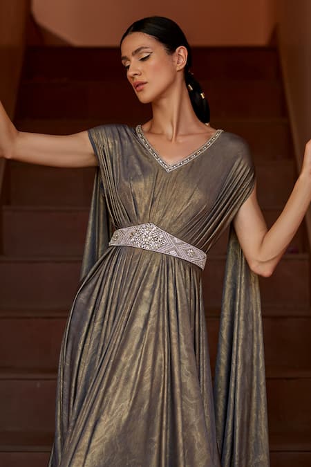 Buy Dania Siddiqui Grey Lycra Crystal, Glass Bead V Neck Isis Metallic Draped Gown Online at Aza Fashions Buy_Dania Siddiqui_Grey Lycra Crystal, Glass Bead V Neck Isis Metallic Draped Gown _Online_at_Aza_Fashions