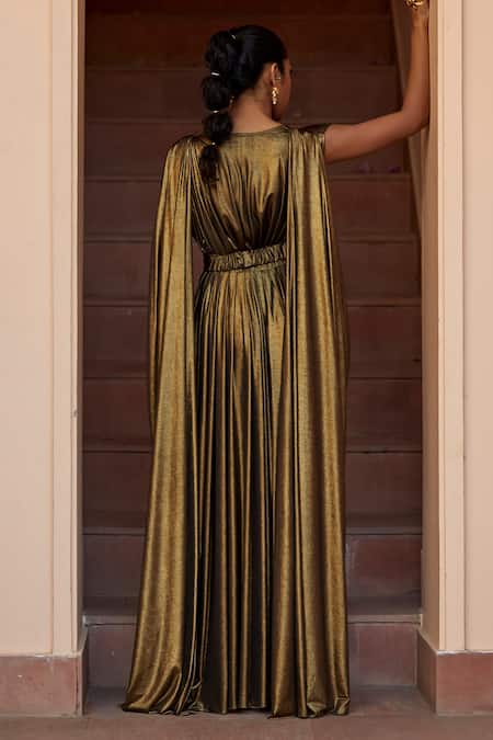 Shop Dania Siddiqui Gold Lycra Crystal, Glass Bead V Neck Neferiti Metallic Draped Gown at Aza Fashions Shop_Dania Siddiqui_Gold Lycra Crystal, Glass Bead V Neck Neferiti Metallic Draped Gown _at_Aza_Fashions