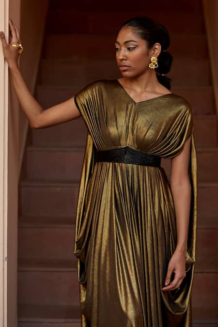 Buy Dania Siddiqui Gold Lycra Crystal, Glass Bead V Neck Neferiti Metallic Draped Gown Online at Aza Fashions Buy_Dania Siddiqui_Gold Lycra Crystal, Glass Bead V Neck Neferiti Metallic Draped Gown _Online_at_Aza_Fashions