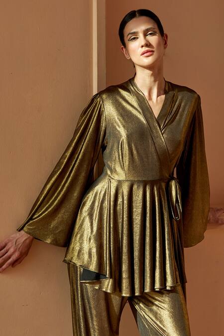 Buy_Dania Siddiqui_Gold Lycra Plain V Neck Rana Wrap Top _Online_at_Aza_Fashions
