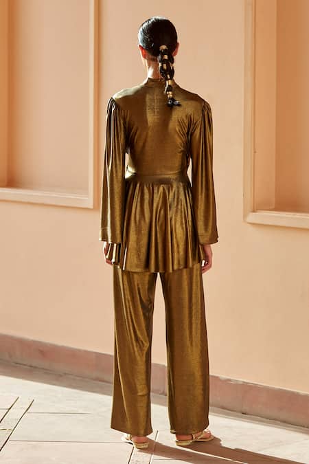 Shop Dania Siddiqui Gold Lycra Plain Rana Straight Fit Pant at Aza Fashions Shop_Dania Siddiqui_Gold Lycra Plain Rana Straight Fit Pant _at_Aza_Fashions