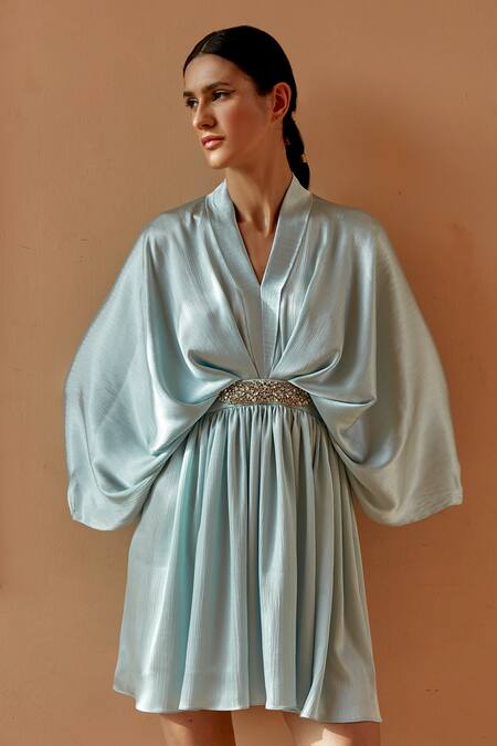 Buy Dania Siddiqui Blue Textured Satin Plain V Neck Safiya Gathered Dress Online at Aza Fashions Buy_Dania Siddiqui_Blue Textured Satin Plain V Neck Safiya Gathered Dress _Online_at_Aza_Fashions