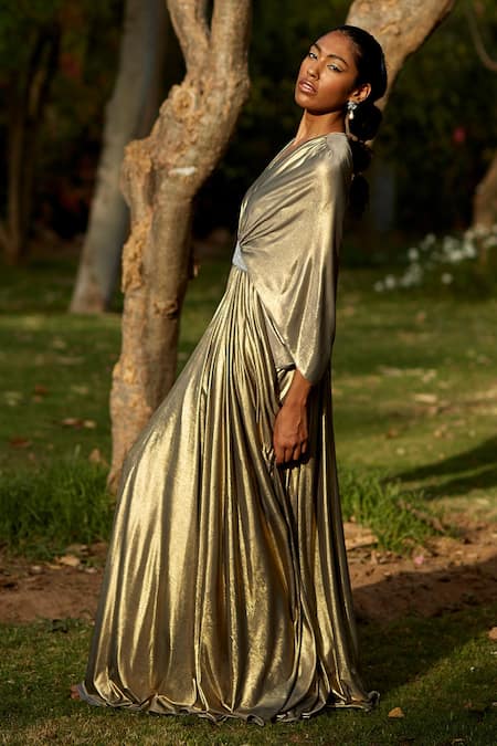 Dania Siddiqui_Grey Satin, Lycra Plain V Neck Amunet Draped Gown _Online_at_Aza_Fashions