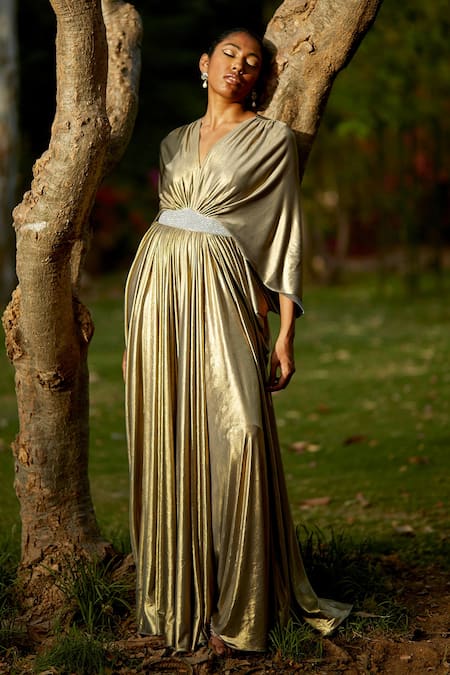 Buy_Dania Siddiqui_Grey Satin, Lycra Plain V Neck Amunet Draped Gown _Online_at_Aza_Fashions