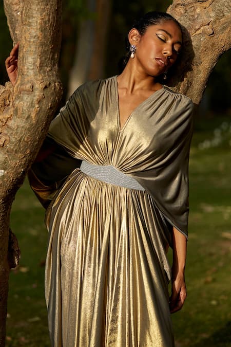 Shop_Dania Siddiqui_Grey Satin, Lycra Plain V Neck Amunet Draped Gown _Online_at_Aza_Fashions