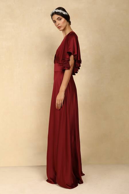 Dania Siddiqui_Maroon Crepe Satin Solid V Neck Ruffle Sleeve Jumpsuit _Online_at_Aza_Fashions