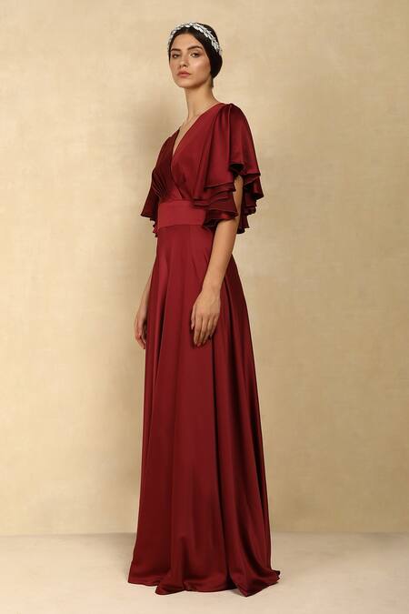 Buy_Dania Siddiqui_Maroon Crepe Satin Solid V Neck Ruffle Sleeve Jumpsuit _Online_at_Aza_Fashions
