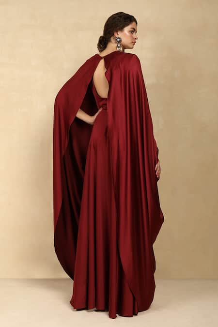 Shop_Dania Siddiqui_Maroon Crepe Satin Solid V Neck Draped Cape Gown _at_Aza_Fashions