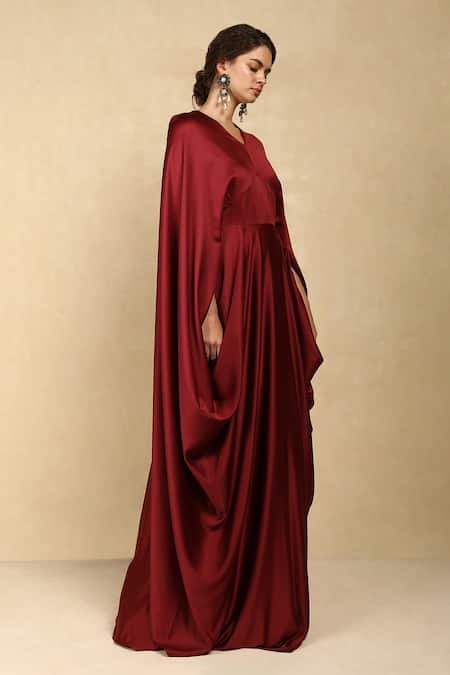 Dania Siddiqui_Maroon Crepe Satin Solid V Neck Draped Cape Gown _Online_at_Aza_Fashions