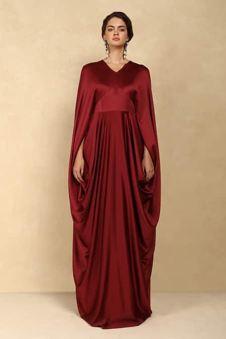 Buy_Dania Siddiqui_Maroon Crepe Satin Solid V Neck Draped Cape Gown _Online_at_Aza_Fashions