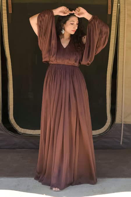 Dania Siddiqui Brown Chiffon Solid V Neck Pleated Slit Sleeve Gown Online at Aza Fashions Dania Siddiqui_Brown Chiffon Solid V Neck Pleated Slit Sleeve Gown _Online_at_Aza_Fashions