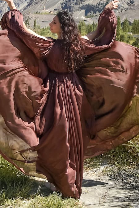 Shop Dania Siddiqui Brown Chiffon Solid V Neck Pleated Slit Sleeve Gown at Aza Fashions Shop_Dania Siddiqui_Brown Chiffon Solid V Neck Pleated Slit Sleeve Gown _at_Aza_Fashions