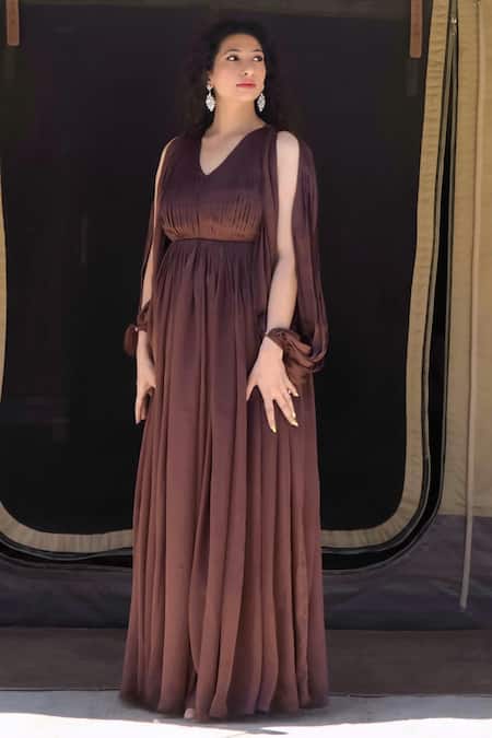 Shop Dania Siddiqui Brown Chiffon Solid V Neck Pleated Slit Sleeve Gown Online at Aza Fashions Shop_Dania Siddiqui_Brown Chiffon Solid V Neck Pleated Slit Sleeve Gown _Online_at_Aza_Fashions