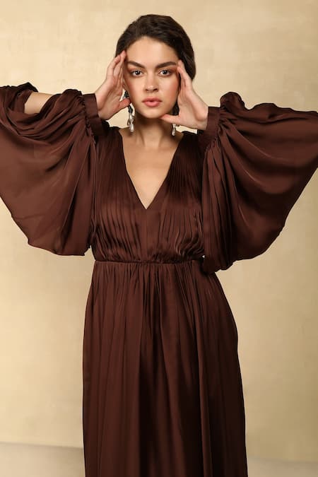 Dania Siddiqui Brown Chiffon Solid V Neck Pleated Slit Sleeve Gown at Aza Fashions Dania Siddiqui_Brown Chiffon Solid V Neck Pleated Slit Sleeve Gown _at_Aza_Fashions