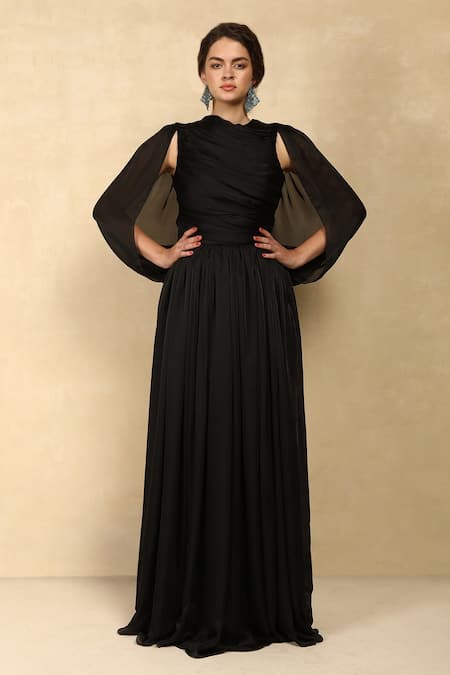 Buy Black Semi Stretch Round Embellished Cape Gown For Women by Amani  Online at Aza Fashions.
