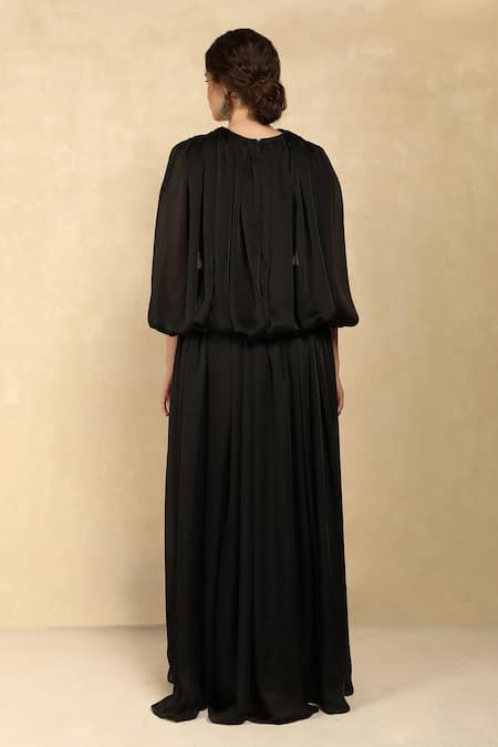 Shop Dania Siddiqui Black Chiffon Solid High Neck Draped Cape Gown at Aza Fashions Shop_Dania Siddiqui_Black Chiffon Solid High Neck Draped Cape Gown _at_Aza_Fashions