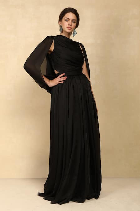 Dania Siddiqui Black Chiffon Solid High Neck Draped Cape Gown Online at Aza Fashions Dania Siddiqui_Black Chiffon Solid High Neck Draped Cape Gown _Online_at_Aza_Fashions