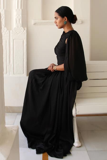 Shop Dania Siddiqui Black Chiffon Solid High Neck Draped Cape Gown Online at Aza Fashions Shop_Dania Siddiqui_Black Chiffon Solid High Neck Draped Cape Gown _Online_at_Aza_Fashions