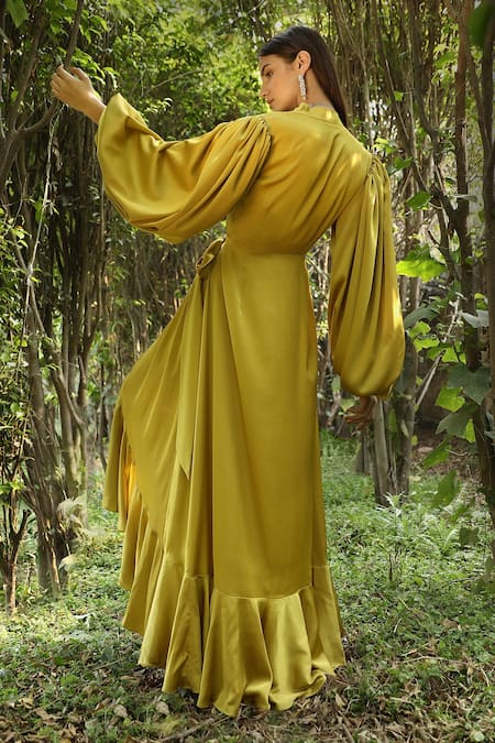 Shop Dania Siddiqui Green Satin Solid V Neck Puff Sleeve Wrap Gown at Aza Fashions Shop_Dania Siddiqui_Green Satin Solid V Neck Puff Sleeve Wrap Gown _at_Aza_Fashions