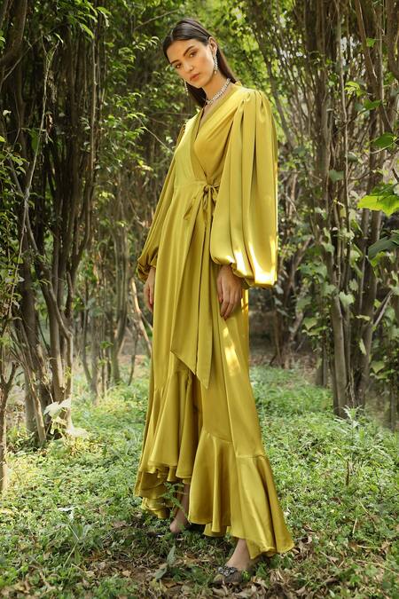 Dania Siddiqui Green Satin Solid V Neck Puff Sleeve Wrap Gown Online at Aza Fashions Dania Siddiqui_Green Satin Solid V Neck Puff Sleeve Wrap Gown _Online_at_Aza_Fashions