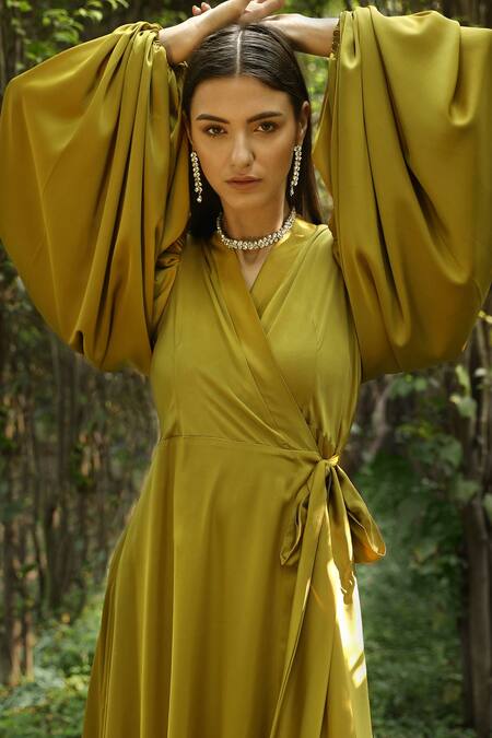 Shop Dania Siddiqui Green Satin Solid V Neck Puff Sleeve Wrap Gown Online at Aza Fashions Shop_Dania Siddiqui_Green Satin Solid V Neck Puff Sleeve Wrap Gown _Online_at_Aza_Fashions