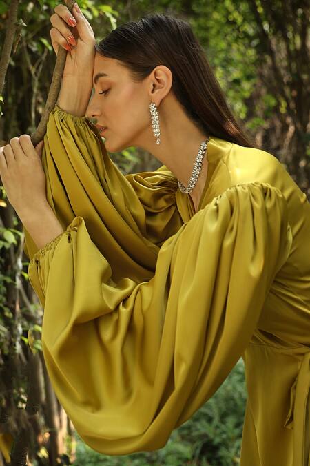 Dania Siddiqui Green Satin Solid V Neck Puff Sleeve Wrap Gown at Aza Fashions Dania Siddiqui_Green Satin Solid V Neck Puff Sleeve Wrap Gown _at_Aza_Fashions