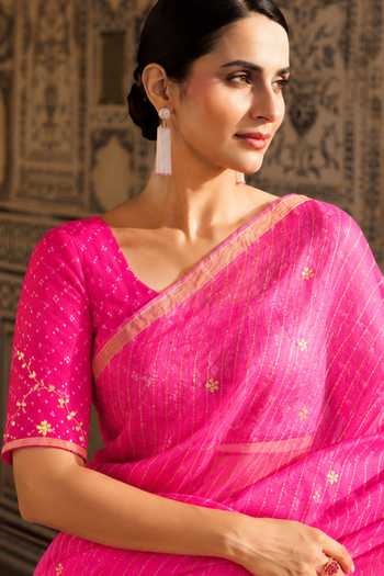Geroo Jaipur Pink Silk, Cotton Mothra Pattern Saree With Blouse Online at Aza Fashions Geroo Jaipur_Pink Silk, Cotton Mothra Pattern Saree With Blouse _Online_at_Aza_Fashions