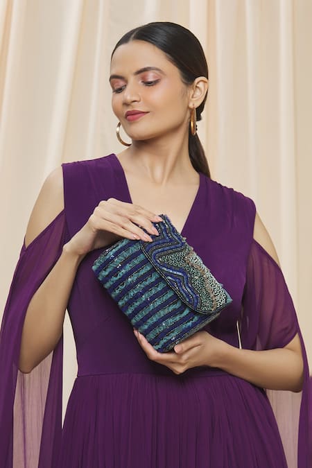 Durvi Blue Embellished Persian Gulf Embroidered Clutch With Sling 