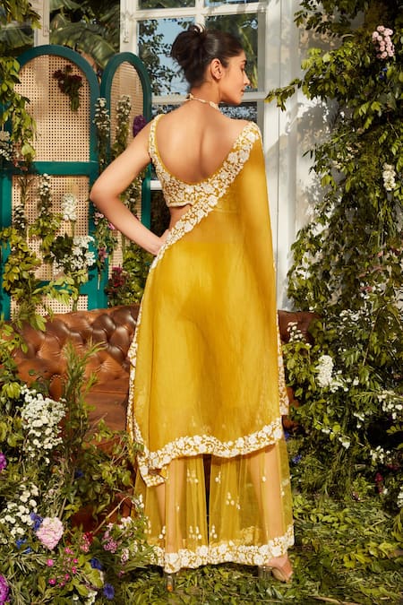 Shop Rococo Yellow Organza, Net Sequins, Thread Work V Neck Dea Embroidered Cape Sharara Set at Aza Fashions Shop_Rococo_Yellow Organza, Net Sequins, Thread Work V Neck Dea Embroidered Cape Sharara Set _at_Aza_Fashions