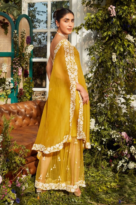 Rococo Yellow Organza, Net Sequins, Thread Work V Neck Dea Embroidered Cape Sharara Set Online at Aza Fashions Rococo_Yellow Organza, Net Sequins, Thread Work V Neck Dea Embroidered Cape Sharara Set _Online_at_Aza_Fashions