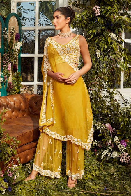 Buy Rococo Yellow Organza, Net Sequins, Thread Work V Neck Dea Embroidered Cape Sharara Set Online at Aza Fashions Buy_Rococo_Yellow Organza, Net Sequins, Thread Work V Neck Dea Embroidered Cape Sharara Set _Online_at_Aza_Fashions