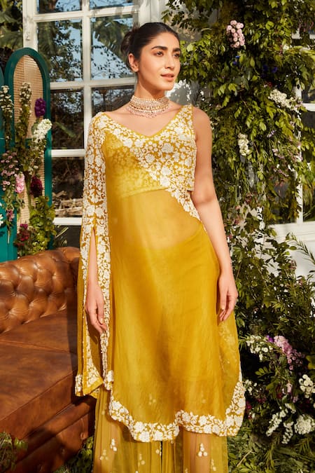 Shop Rococo Yellow Organza, Net Sequins, Thread Work V Neck Dea Embroidered Cape Sharara Set Online at Aza Fashions Shop_Rococo_Yellow Organza, Net Sequins, Thread Work V Neck Dea Embroidered Cape Sharara Set _Online_at_Aza_Fashions