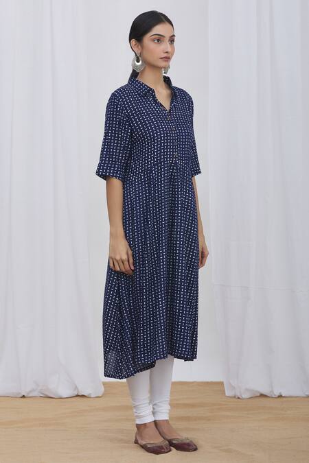 Arihant Rai Sinha_Blue Rayon Geometric Print Tunic_Online_at_Aza_Fashions