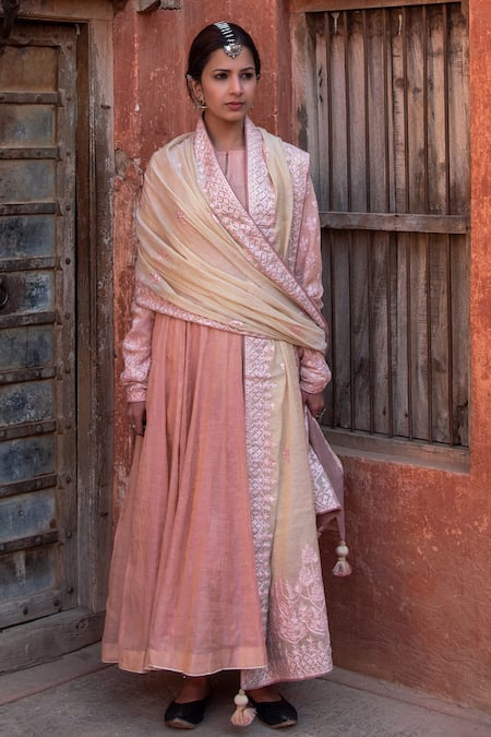 Heena Kochhar Pink Tissue Embroidered Anarkali Set