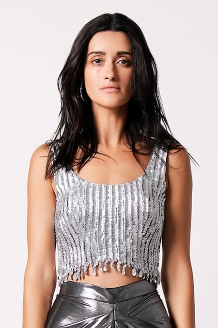 431-88 By Shweta Kapur_Silver Silk Sequins Scoop Neck Chrome Embroidered Blouse_Online_at_Aza_Fashions