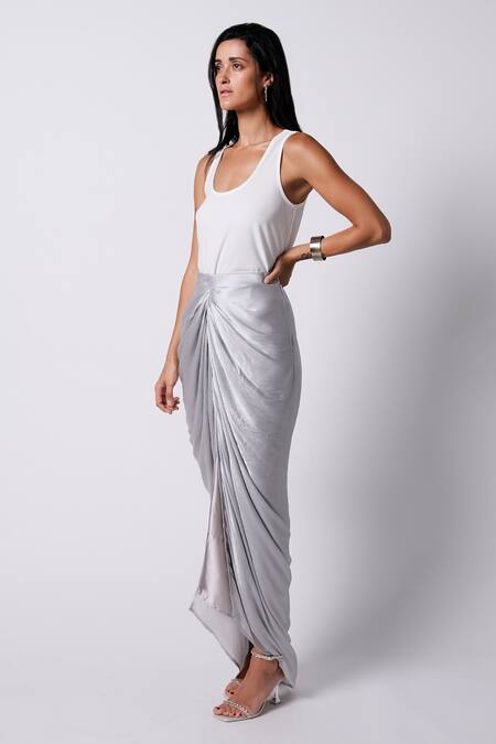431-88 By Shweta Kapur_Grey Satin, Chiffon Nora Draped Skirt_Online_at_Aza_Fashions