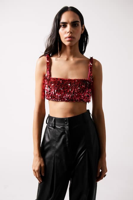 Buy 431-88 By Shweta Kapur Fuchsia Silk Sequins Square Neck Rosa Embroidered Blouse Buy_431-88 By Shweta Kapur_Fuchsia Silk Sequins Square Neck Rosa Embroidered Blouse