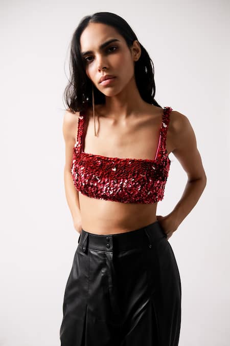 Shop 431-88 By Shweta Kapur Fuchsia Silk Sequins Square Neck Rosa Embroidered Blouse Shop_431-88 By Shweta Kapur_Fuchsia Silk Sequins Square Neck Rosa Embroidered Blouse