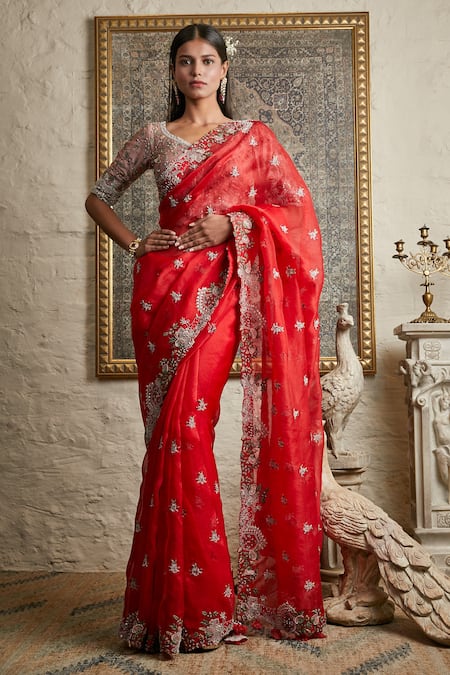 CHAAND BLUE & RED ORGANZA SAREE – Pomcha Jaipur