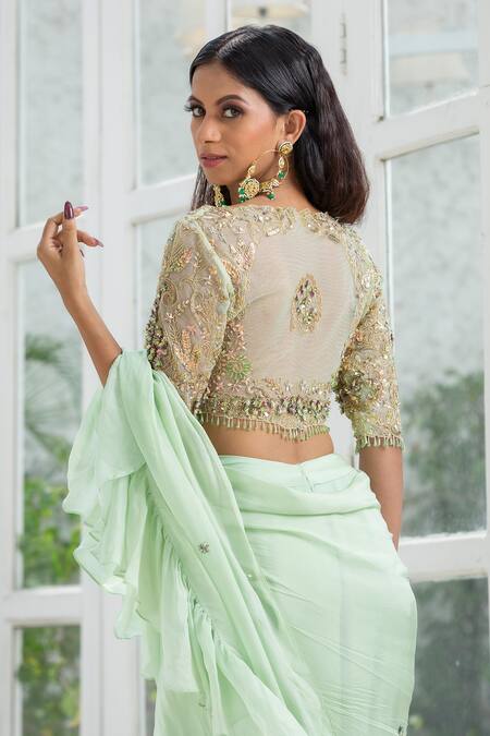 Buy Kanj By Priyanka A Sakhuja Green Silk Tabby Sequin, Cutdana And Bead Del Pre-draped Ruffle Saree With Blouse Online at Aza Fashions Buy_Kanj By Priyanka A Sakhuja_Green Silk Tabby Sequin, Cutdana And Bead Del Pre-draped Ruffle Saree With Blouse _Online_at_Aza_Fashions