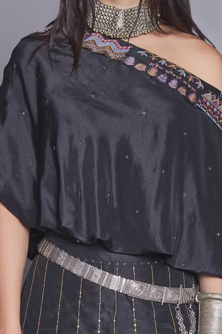 Jade By Monica & Karishma_Black Crepe Silk Asymmetric Off Shoulder Top And Pant Set  _Online_at_Aza_Fashions