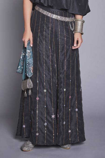 Buy_Jade By Monica & Karishma_Black Crepe Silk Asymmetric Off Shoulder Top And Pant Set  _Online_at_Aza_Fashions