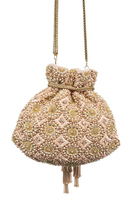 SG Collection By Sonia Gulrajani_Pink Beads, Diamonds Delilah Velvet Embroidered Potli Bag _Online_at_Aza_Fashions