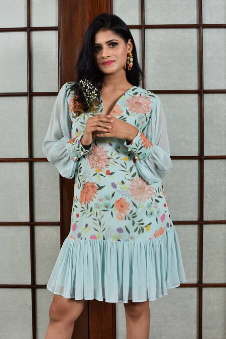 Seams Pret And Couture_Blue Georgette And Shantoon Floral Print & Sequin V Neck Dress _Online_at_Aza_Fashions