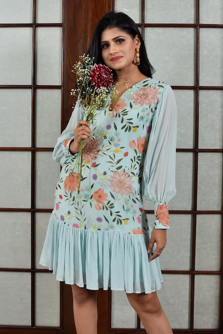 Buy_Seams Pret And Couture_Blue Georgette And Shantoon Floral Print & Sequin V Neck Dress _Online_at_Aza_Fashions