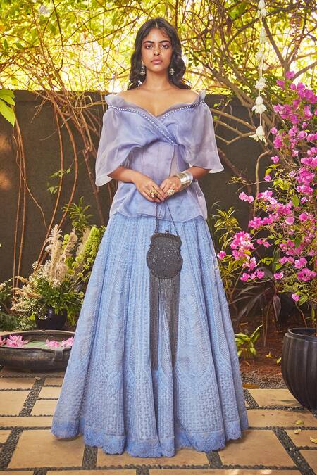 Jade By Monica & Karishma_Blue Tulle Embroidered Off Shoulder Lehenga Set_Online_at_Aza_Fashions