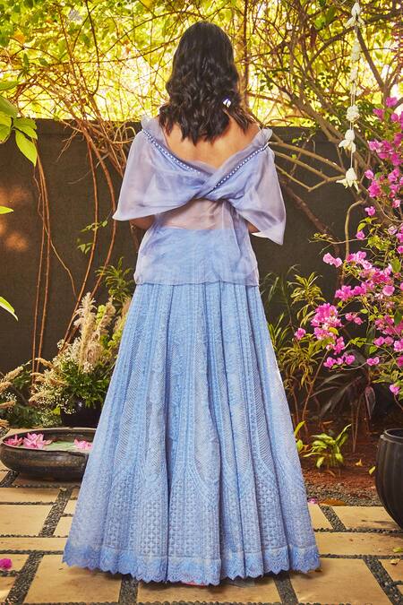 Shop_Jade By Monica & Karishma_Blue Tulle Embroidered Off Shoulder Lehenga Set_at_Aza_Fashions